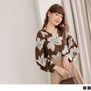 Long Sleeve V-neck Flower Print Blouse