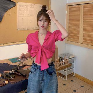 Ribbon Puff-sleeve Cropped Blouse Rose Pink - One Size