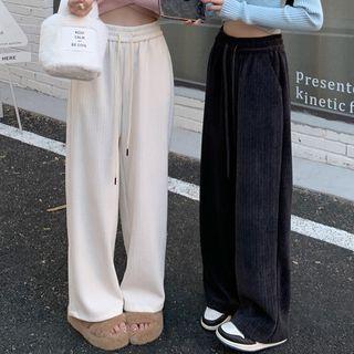Long-sleeve Cutout Crop Top / Wide Leg Drawstring Pants