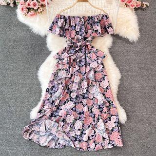 Off Shoulder Floral Print Ruffle Dress