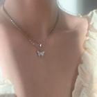 Butterfly Rhinestone Pendant Sterling Silver Layered Necklace Silver - One Size