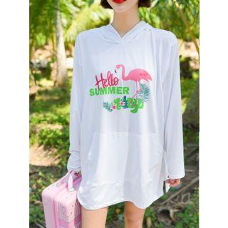 Plus Size Flamingo Print Cover-up Hooded Rashguard Top