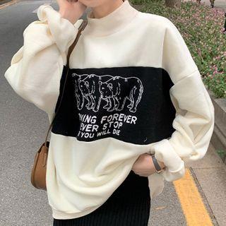 Color Block Bear Print Mock-neck Sweatshirt