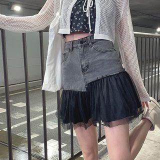 Mesh Panel Denim Mini A-line Skirt