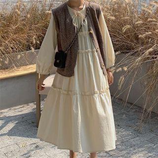 Long-sleeve Tie-neck Layer Midi Dress / Plain Knit Vest