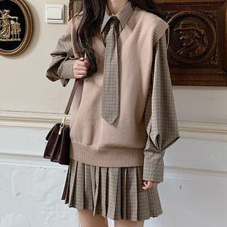 Puff-sleeve Gingham Shirtdress / Knit Vest