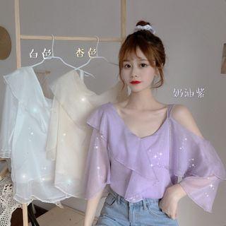 Elbow-sleeve Cold Shoulder Glitter Chiffon Top