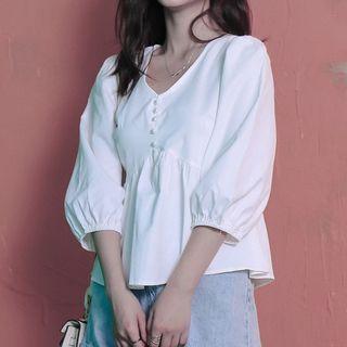 Elbow Sleeve Buttoned Detail Plain Blouse