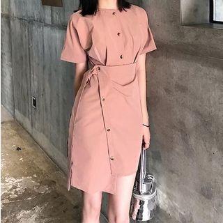Short-sleeve Asymmetric Buttoned Mini Dress