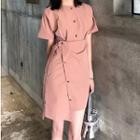 Short-sleeve Asymmetric Buttoned Mini Dress