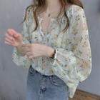 Long-sleeve Floral Blouse Yellow Floral - Beige - One Size