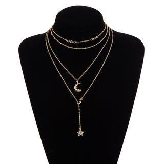 Rhinestone Alloy Moon & Star Pendant Choker Necklace 1 Pc - Gold - One Size