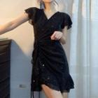 Glitter Drawstring Short-sleeve Mini A-line Dress