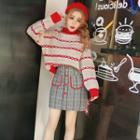 Set: Mock-turtleneck Striped Sweater + Plaid A-line Mini Skirt