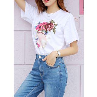 Sequined Flower-printed T-shirt Ivory - One Size