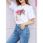 Sequined Flower-printed T-shirt Ivory - One Size