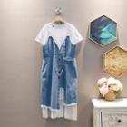 Set : Short-sleeve Plain T-shirt + Buttoned Irregular Frayed Denim Jumper Skirt