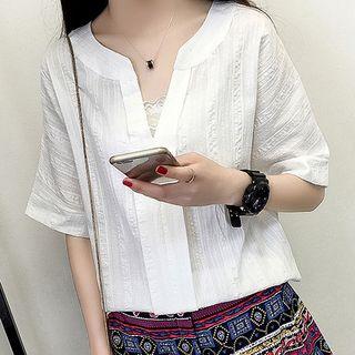 Elbow-sleeve Split Placket Blouse