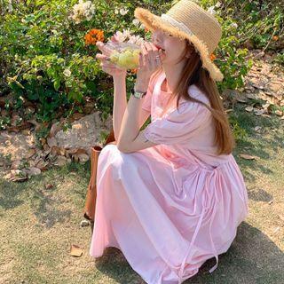 Puff-sleeve Round Neck Drawstring Midi Dress Pink - One Size