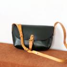 Genuine Leather Buckled Flap Crossbody Bag Dark Green - One Size