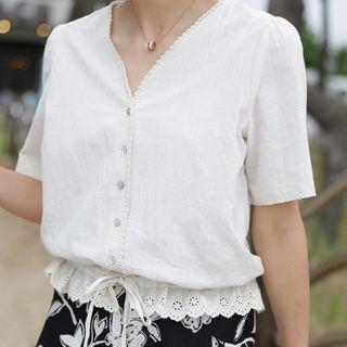 Lace-trim Drawcord-hem Blouse
