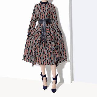 Patterned Long-sleeve Midi A-line Dress Orange - One Size