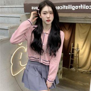 Collared Cropped Cardigan / Pleated Mini A-line Skirt