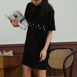 Short-sleeve Lettering Mini T-shirt Dress Black - One Size