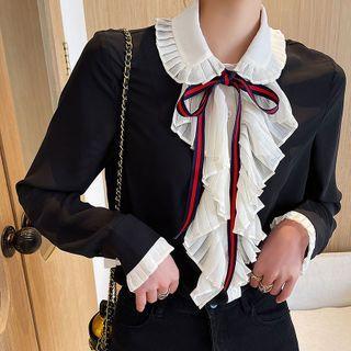 Two-tone Panel Ruffle Trim Bow-neck Blouse