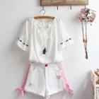Elbow-sleeve Frill Trim Embroidered Chiffon Top / Shorts / Set