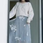 Flower Detail Oversize Sweater / Mesh Midi Skirt / Set