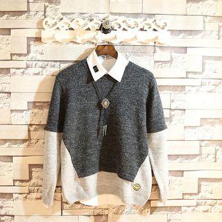 Mock Two-piece Smiley Face Embroidered Sweater