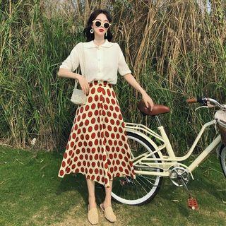 Elbow-sleeve Buttoned Knit Top / Polka Dot A-line Midi Skirt