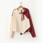 Asymmetric Mock Two-piece Lace-up Pullover Wine Red - One Size