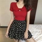 Short-sleeve Bow Cutout Knit Top Red - One Size