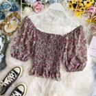 Lace-trim Puff-sleeve Smocked Floral Blouse