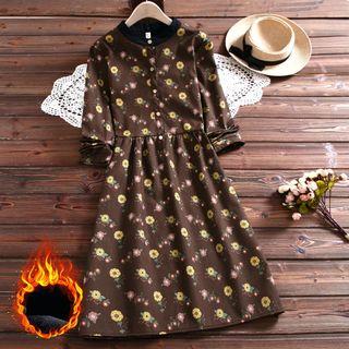 Fleece-lined Floral Stand-collar Long Sleeve Dress