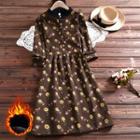 Fleece-lined Floral Stand-collar Long Sleeve Dress