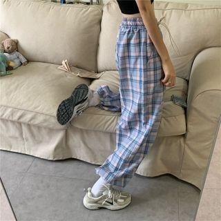 Short-sleeve Lettering T-shirt / Plaid Harem Pants