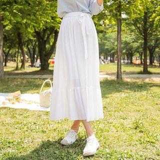 Tie-waist Shirred Long Skirt