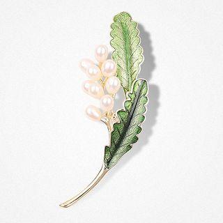 Faux Pearl Leaf Brooch 157 - Olive Branch - One Size