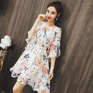 Flower Print Bell-sleeve A-line Chiffon Dress