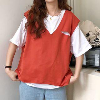 Elbow-sleeve Plain Crew-neck T-shirt & Sleeveless Plain V-neck Ripped Waistcoat