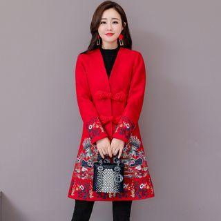 Frog-buttoned Embroidered Long Jacket