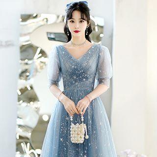 Star Print Mesh A-line Evening Gown