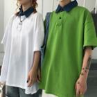 Contrast Collar Elbow-sleeve Polo Shirt