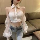 Collared Cold-shoulder Balloon-sleeve Blouse