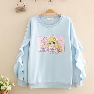 Ruffle Detail Cartoon Print Sweatshirt