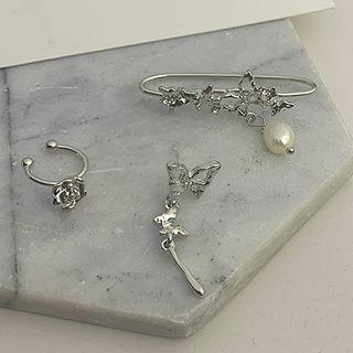 Set: Rose / Butterfly Alloy Cuff Earring Set Of 3 - Silver - One Size