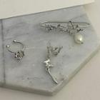Set: Rose / Butterfly Alloy Cuff Earring Set Of 3 - Silver - One Size